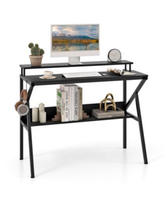 Space Saving Computer Desk with Monitor Stand and Extra Storage Shelf for Work Study-Black