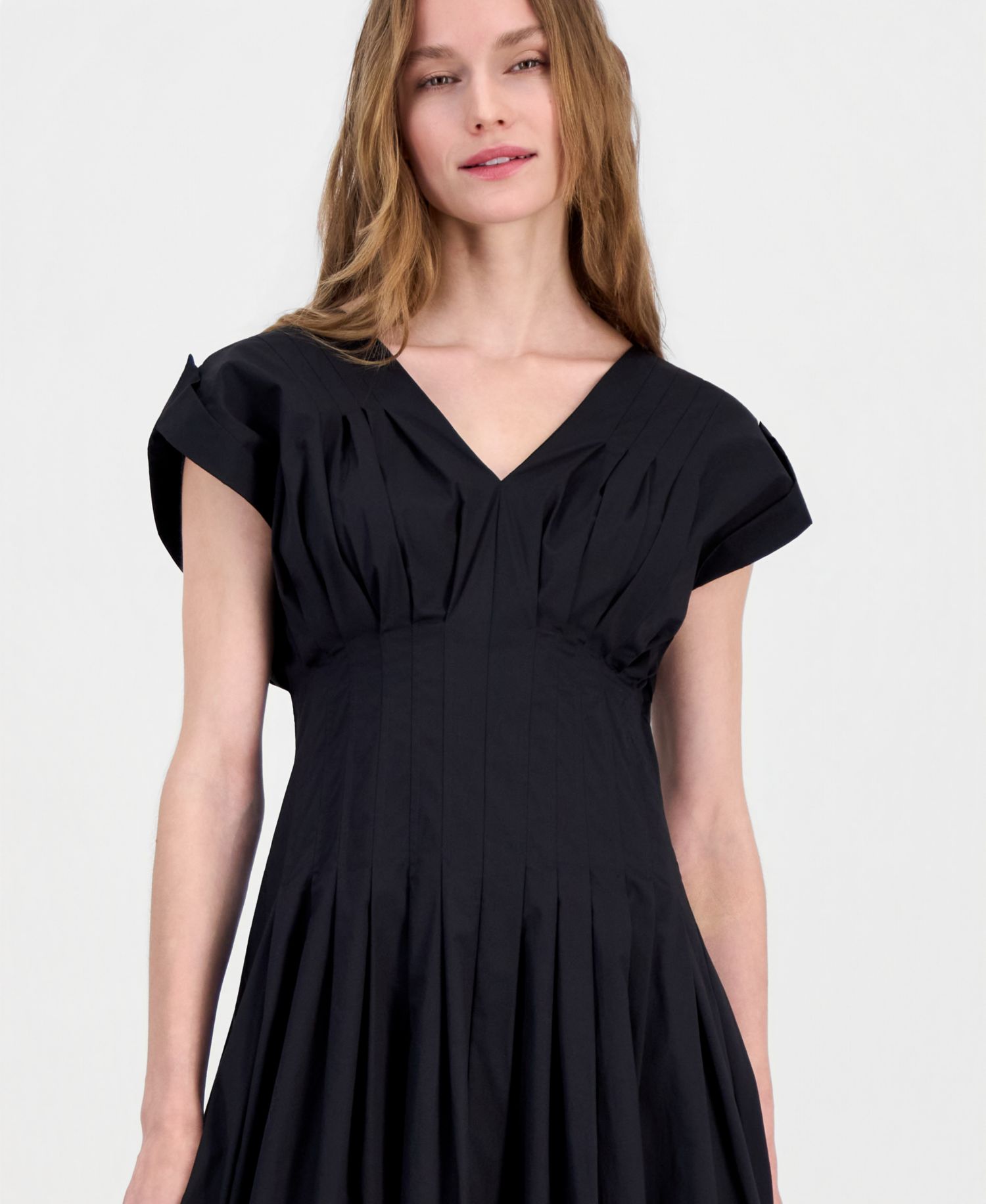 Petite Pleated-Waist V-Neck Midi Dress
