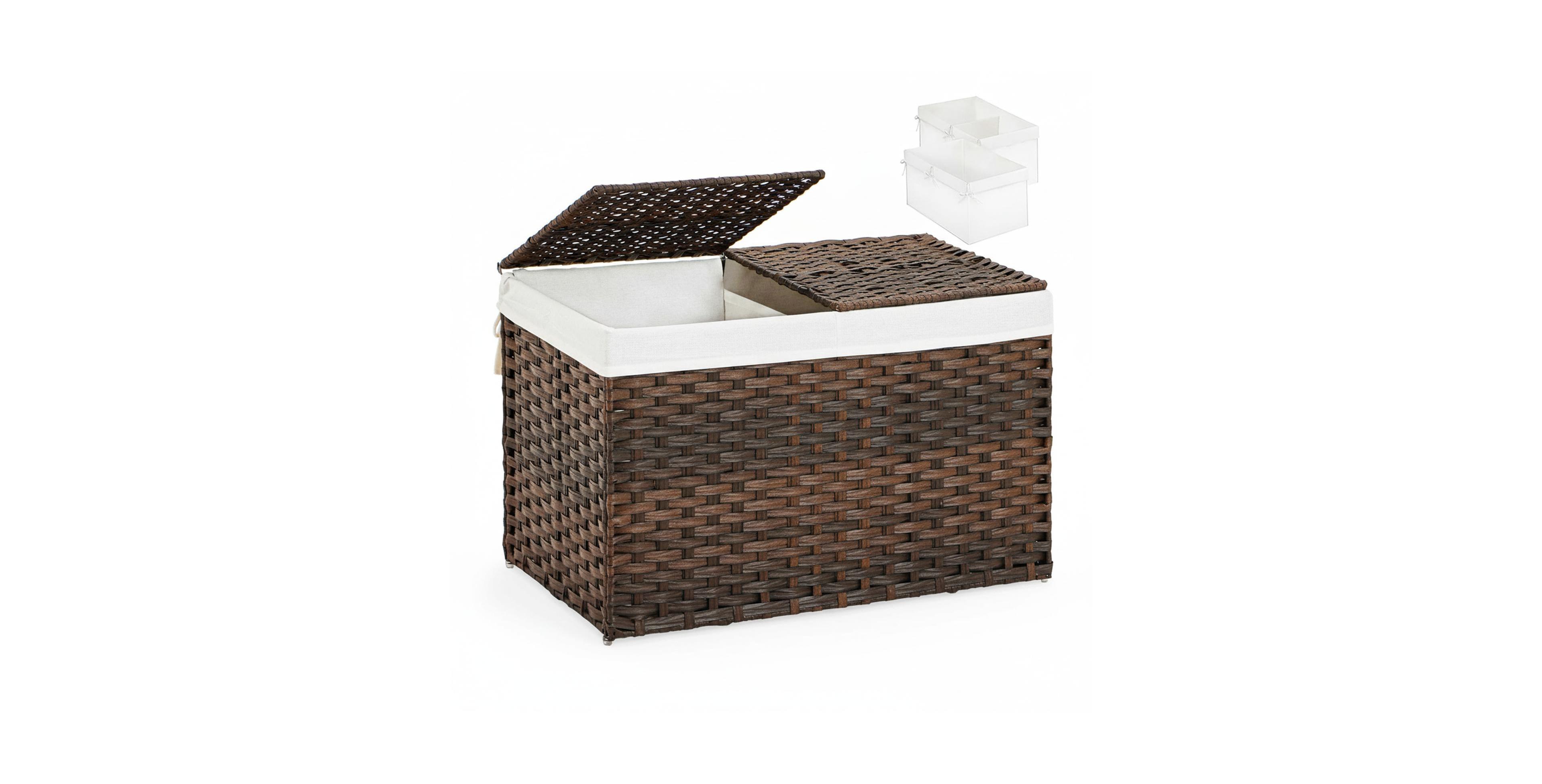 Yigii Storage Basket With Lid Woven Wicker 2 Bins 92 Gallon Foldable Removable Liners For Bedroom Laundry Room