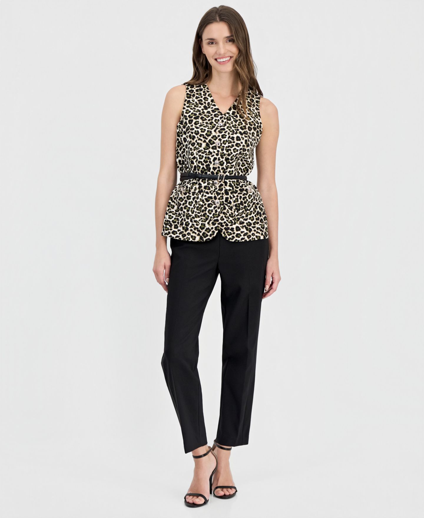 Женский жилет Anne Klein Animal-Print Five-Button Belted Vest, цвет: Разноцветный — фото 2