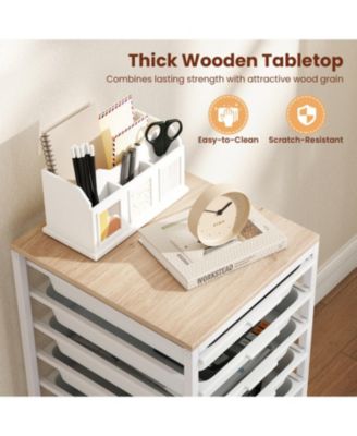 10-Drawer Rolling Storage Cart Mobile Utility Organizer with Wooden Tabletop and Lockable Wheels