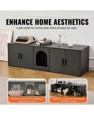 Wooden Cat Litter Box Enclosure Cabinet with Double Rooms for 2 Cats