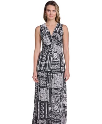 Jessica Howard Petite Sleeveless Tuck Front V-Neck Maxi Dress - Black/Cream - Size 8P
