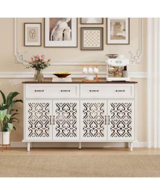 Retro Storage Sideboard with Hand-Carved Openwork Doors, 2 Drawers and Metal Handles - Buffet Cabinet for Living Room and Entryway