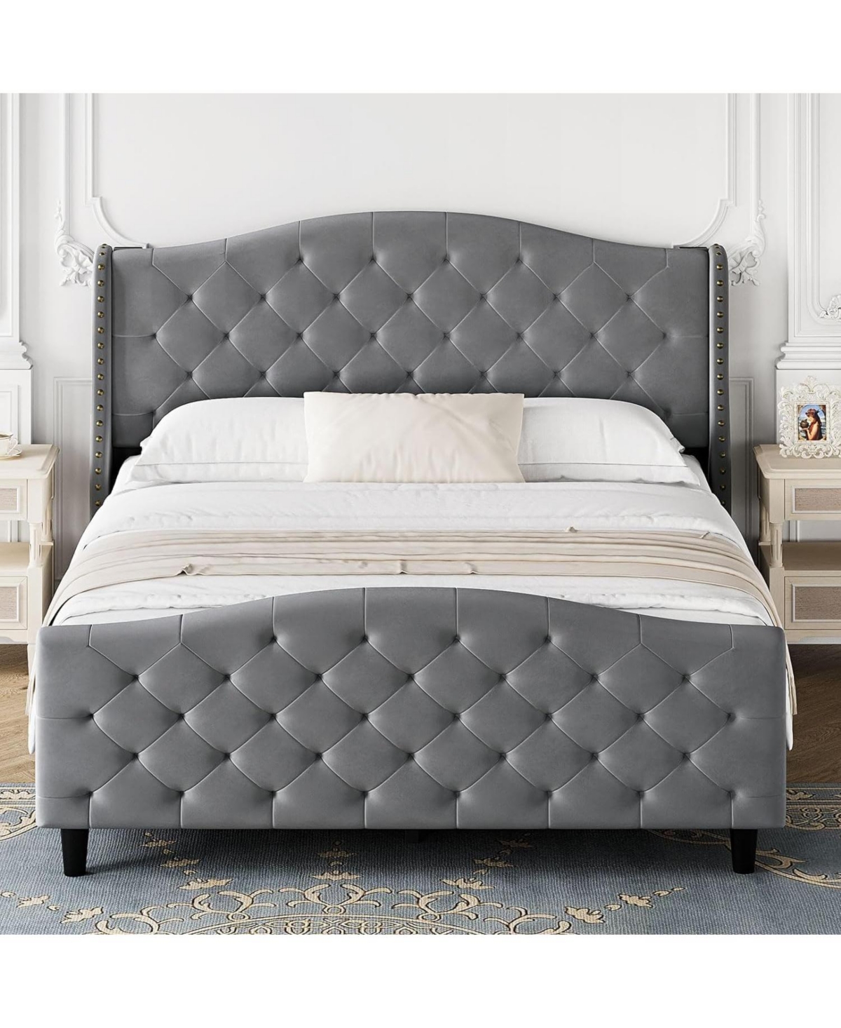 gaomon Velvet Bed Frame, Tufted Wingback Headboard, Upholstered Platform Bed, Strong Wooden Slats, No Box Spring Needed, Easy Assembly