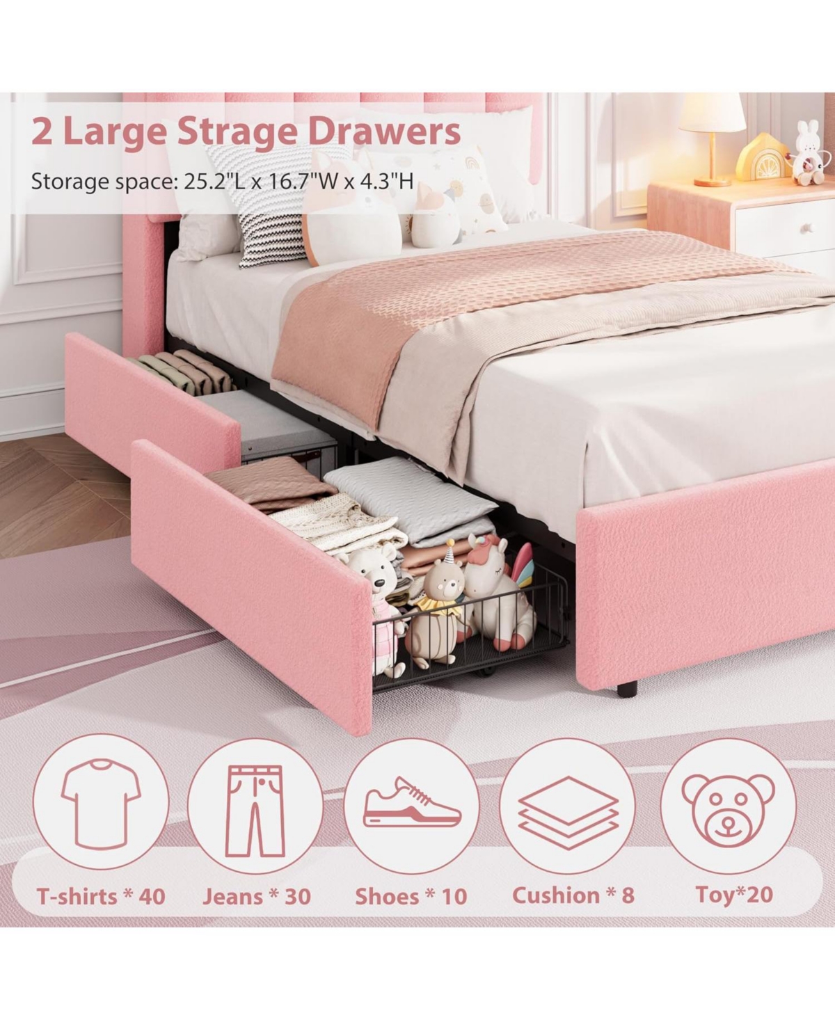 gaomon Led Bed Frame with Storage Headboard, Boucle Upholstered Platform for Girls, 2 Drawers and Bookcase