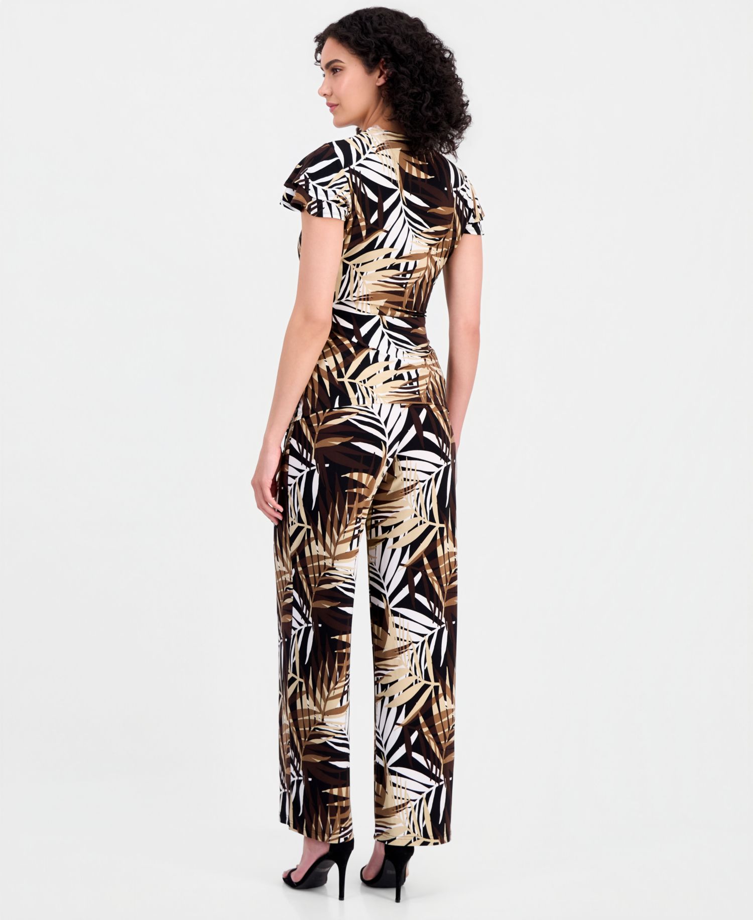 Women's Leo Palm-Print Flutter-Sleeve Wrap Top & Palm-Print Pull-On Wide-Leg Pants
