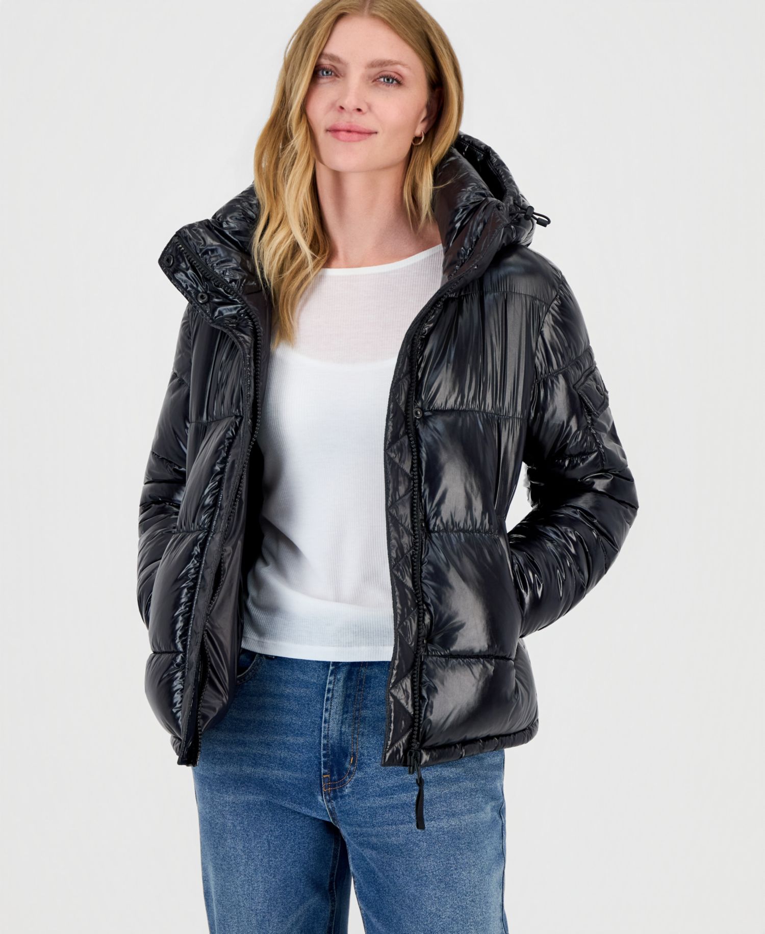 Women's Ella Hooded Thumbhole-Cuff Shine Puffer Coat