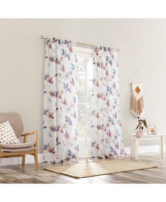  Floral Print Sheer Rod Pocket Curtain Panel