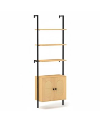 72.5" H Ladder Bookshelf with Cabinet 3-Tier Wall Mounted Rattan Metal Frame Boho Open Storage Display Rack