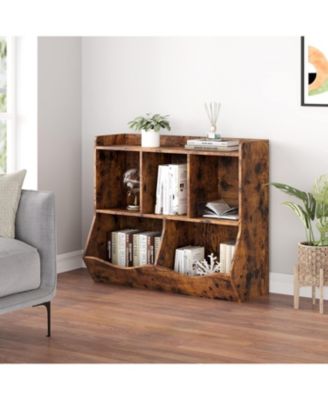 Kids Bookshelf and Toy Storage, 2-Tier Wooden Organizer with 5 Cubby Compartments for Bedroom, Playroom, Nursery