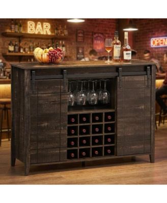Farmhouse Bar Cabinet with Barn Doors, Wine Storage with Drawer and Open Shelves, Burnt Wood Finish, Home Bar