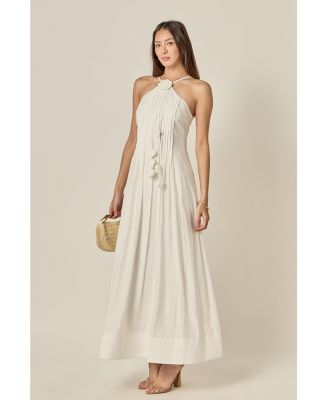 Women's Crochet Flower Trim Sheer Halter Maxi Dress