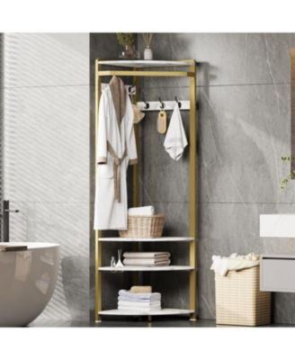 Corner Hallway Coat Rack, Shoe Storage Shelves, 6 Double Hooks, Free-Standing Column for Bedroom, Living Room