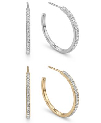 High Polished Clear Crystal Duo C Hoop Earring Pair, Gold Plate and Silver Plate