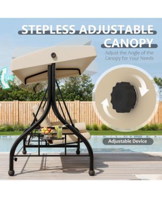 3-seat porch swing with stand, adjustable canopy, 800 lb capacity, cup holder tray, cushions and pillows for outdoor patios.