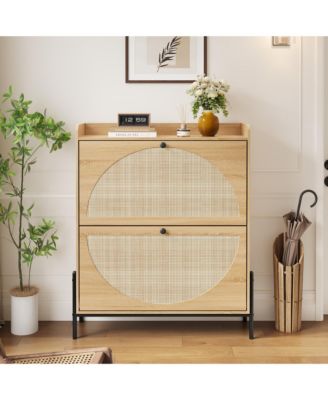 Rattan Shoe Cabinet, Narrow Freestanding Storage Organizer with 2 Flip-Top Drawers and Metal Legs for Entryway