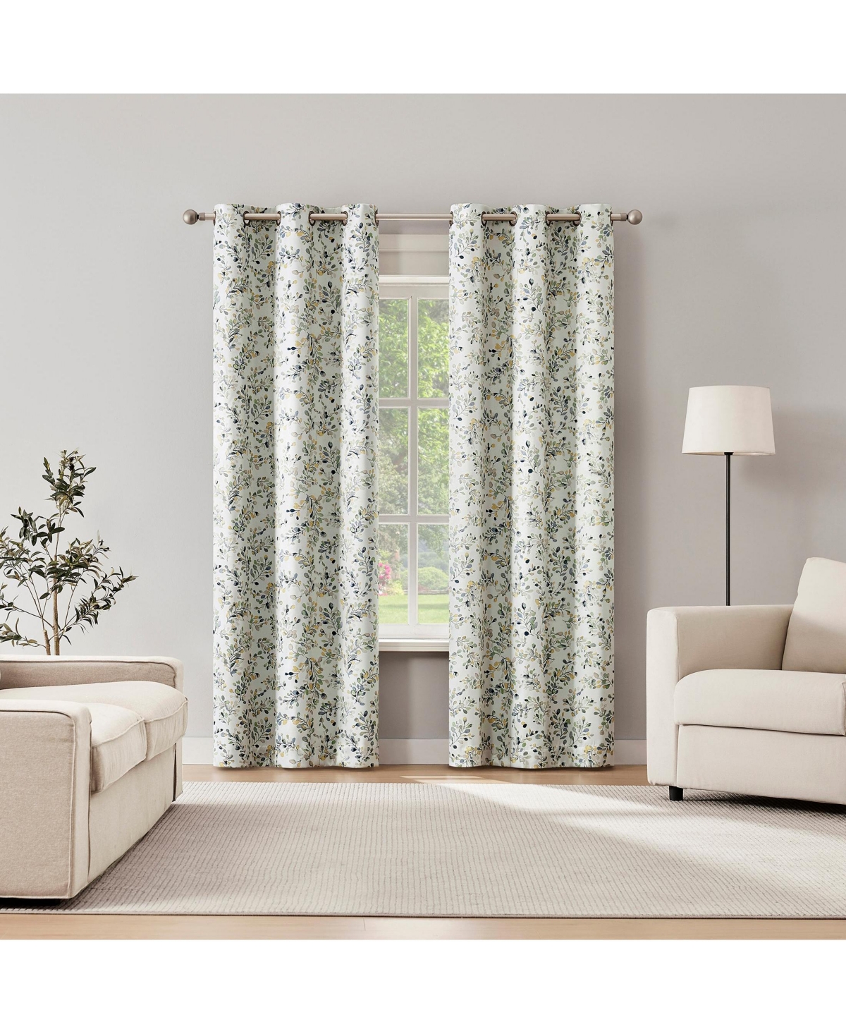 Sun Zero Maureen Painted Botanical Magnetic Closure Blackout Grommet Curtain Panel Pair