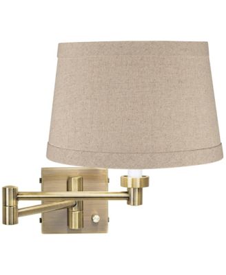 Modern Swing Arm Wall Lamp Antique Brass Plug-In Light Fixture Natural Linen Drum Shade for Bedroom Bedside Reading