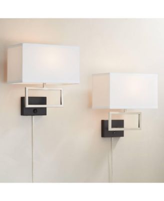 Trixie Modern Wall Lamps Set of 2 Smart Sockets Brushed Nickel Plug-In 12" Fixture Rectangular Shades for Bedroom