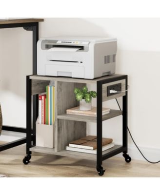 Mobile Printer Stand with USB Ports and Outlets, 3-Tier Rolling Printer Table with Storage for Home or Office