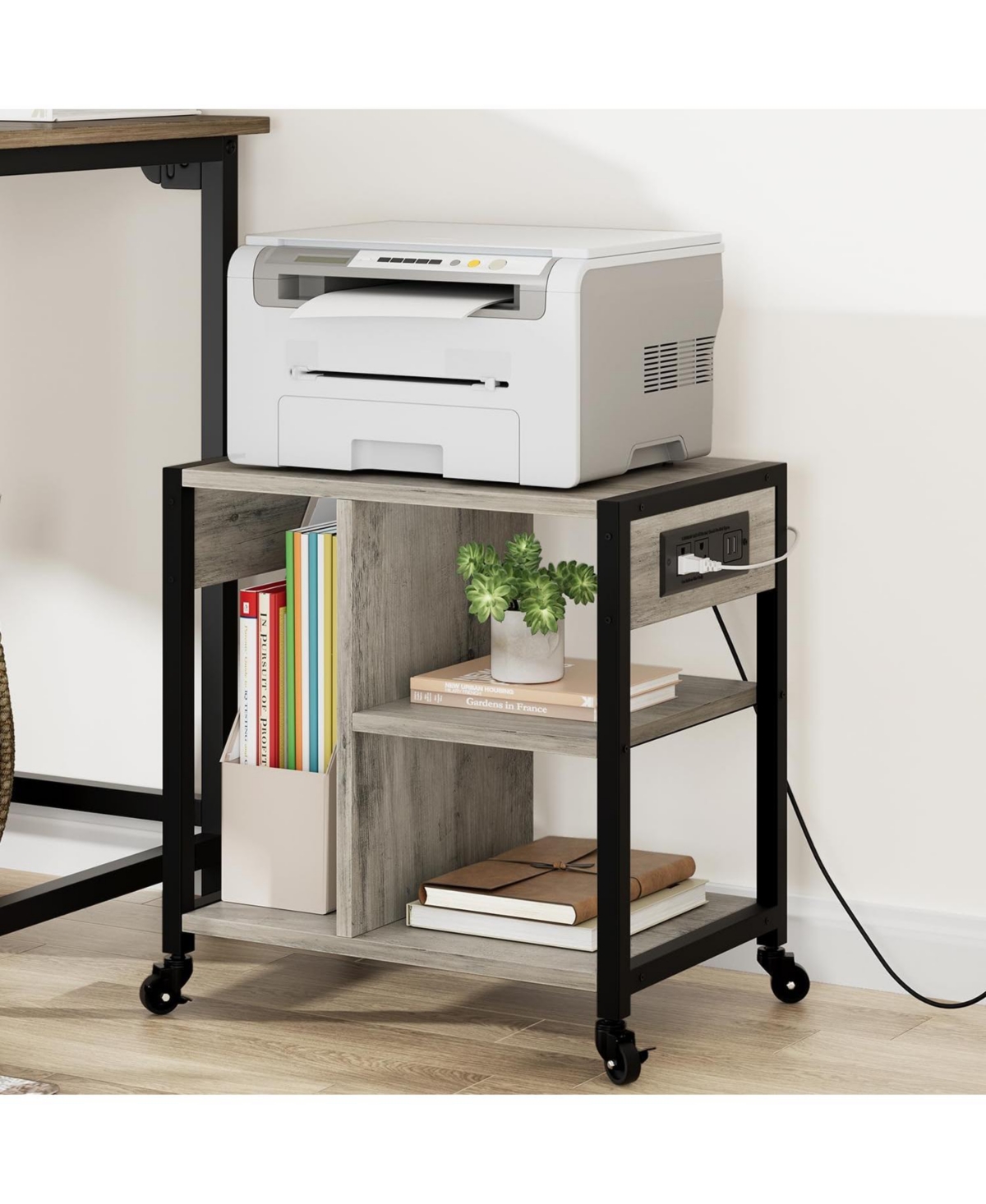 gaomon Mobile Printer Stand with Usb Ports and Outlets, 3-Tier Rolling Printer Table with Storage for Home or Office - Grey