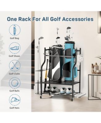 Golf Bag Storage Rack with Wheels - All-in-One Golf Organizer for Bags, Clubs, Shoes and Balls