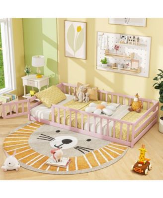 Twin Size Kids Montessori Floor Bed with Door and Protective Fence