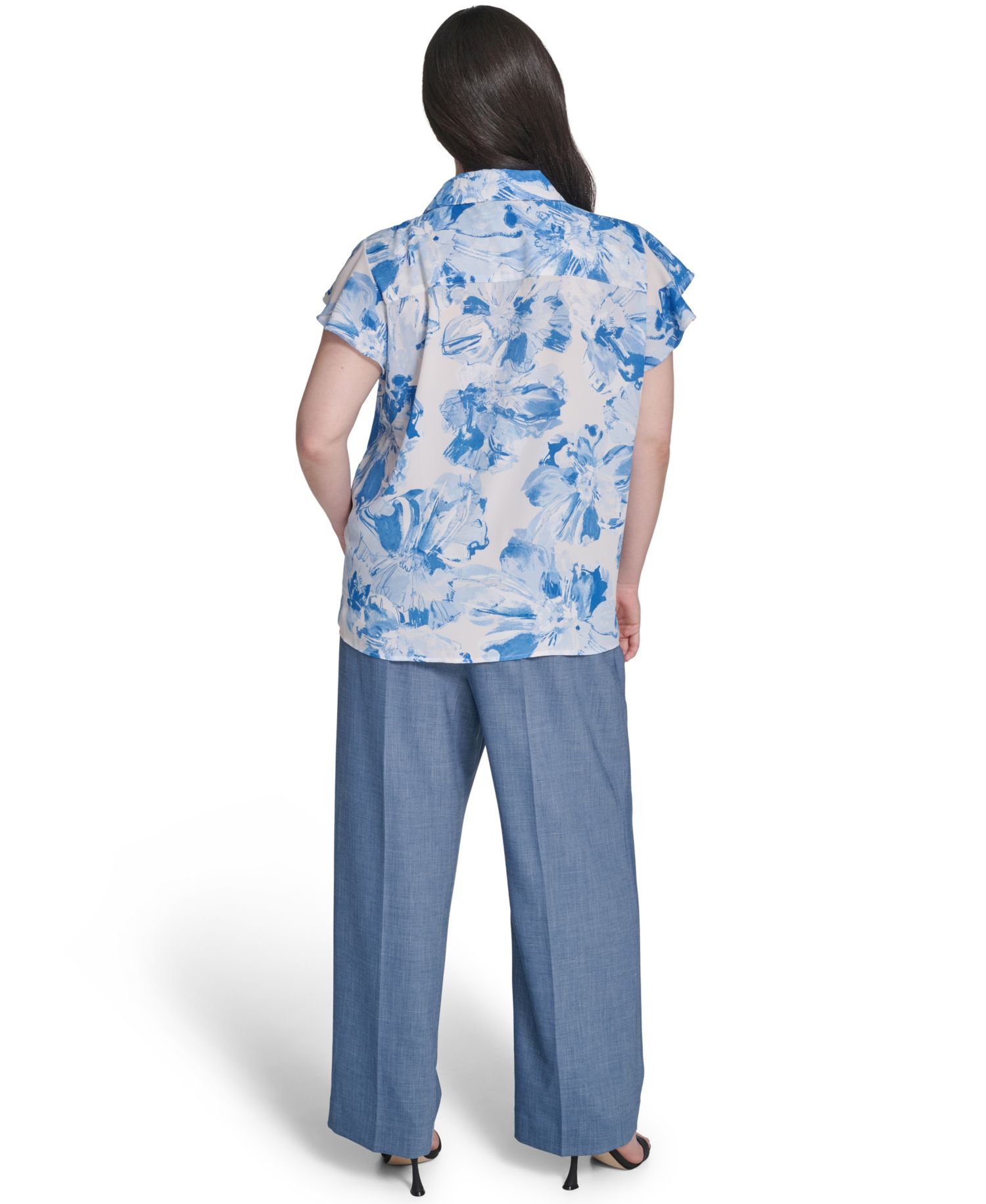 Plus Size Cap-Sleeve Ruffle-Front Collared Top