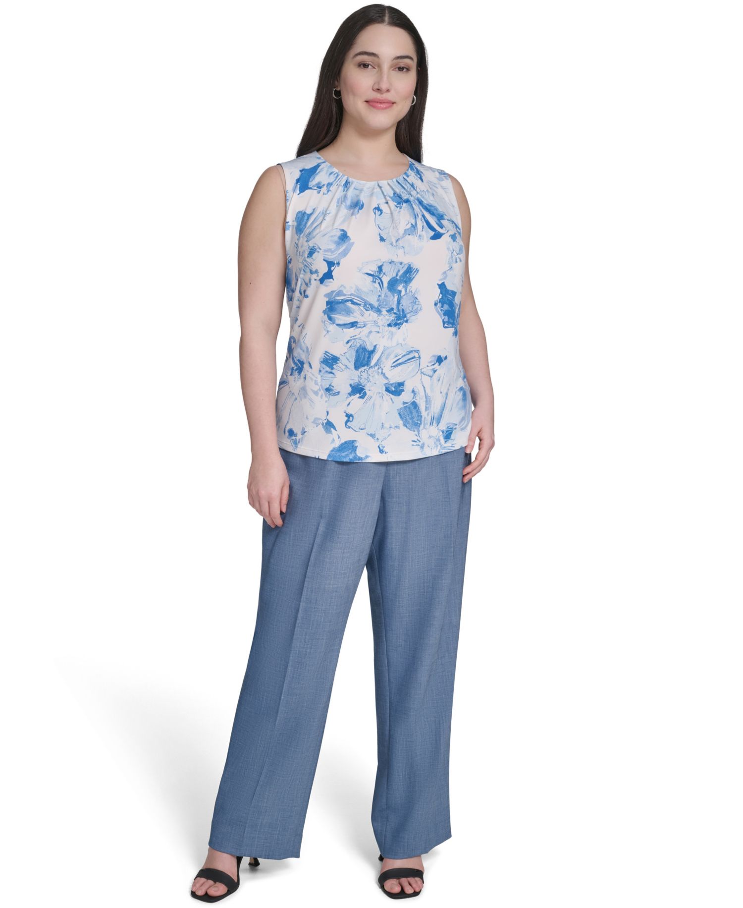 Plus Size Printed Pleated Crewneck Camisole Top
