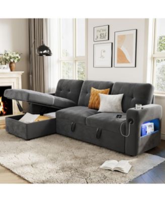 84 in Sleeper Sofa Couch, L-Shaped Sofa, Convertible Pull Out Sofa Bed with Storage, Charging Station, Led Lights