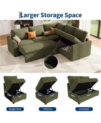 Corduroy U Shaped Sectional Sleeper Sofa with Pull Out Bed, Storage Seat & Ottoman