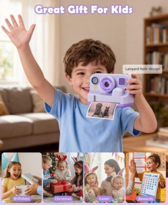Kids Instant Print Camera 48MP with 16X Digital Zoom, 1080P HD Video, Bluetooth, Dual Lens, 2.4" Screen - Includes 32GB SD Card & 3 Print Rolls