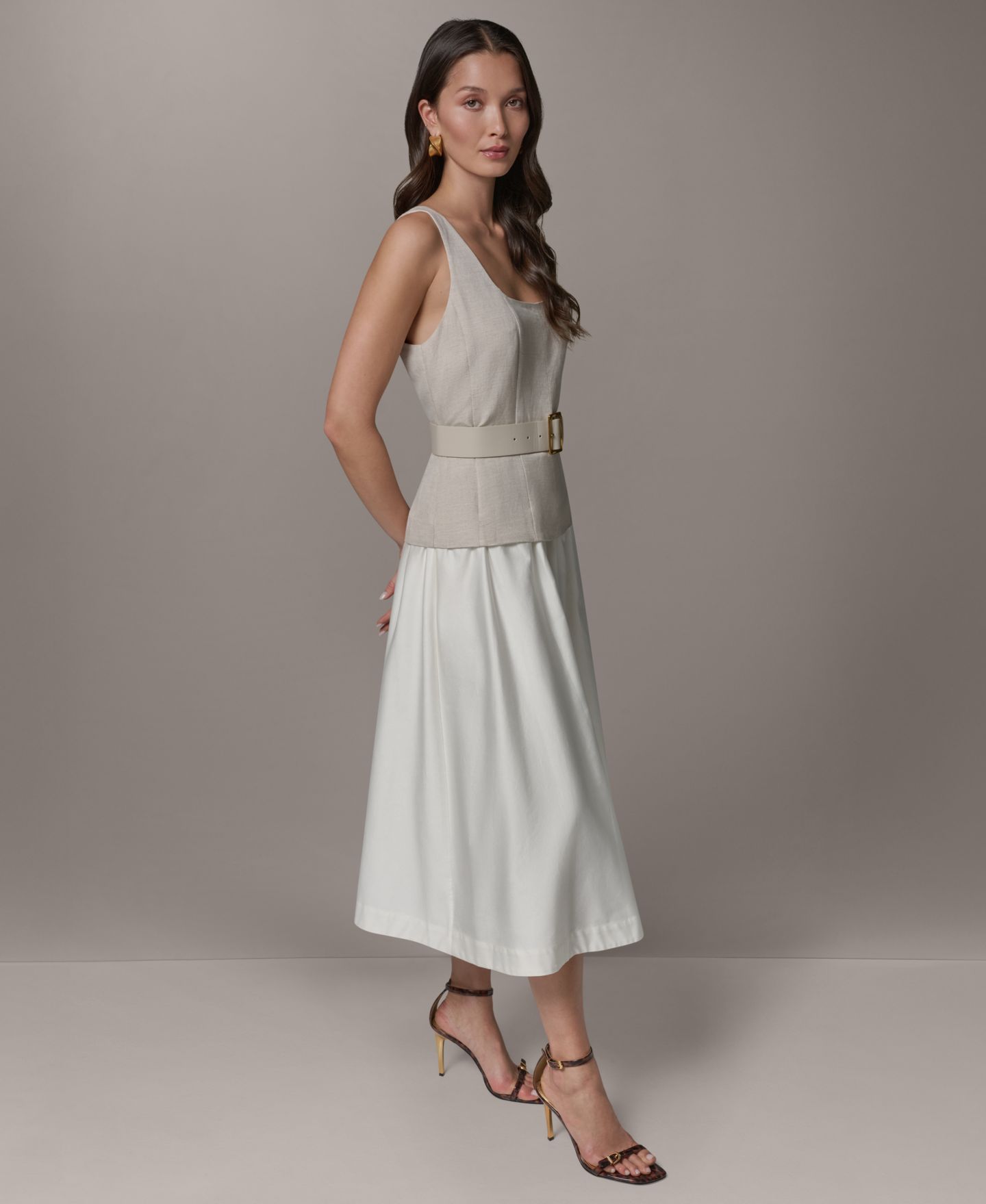 Женское платье Donna Karan New York Mix Media Scoop Neck Midi, цвет: Натуральный кремовый — фото 3