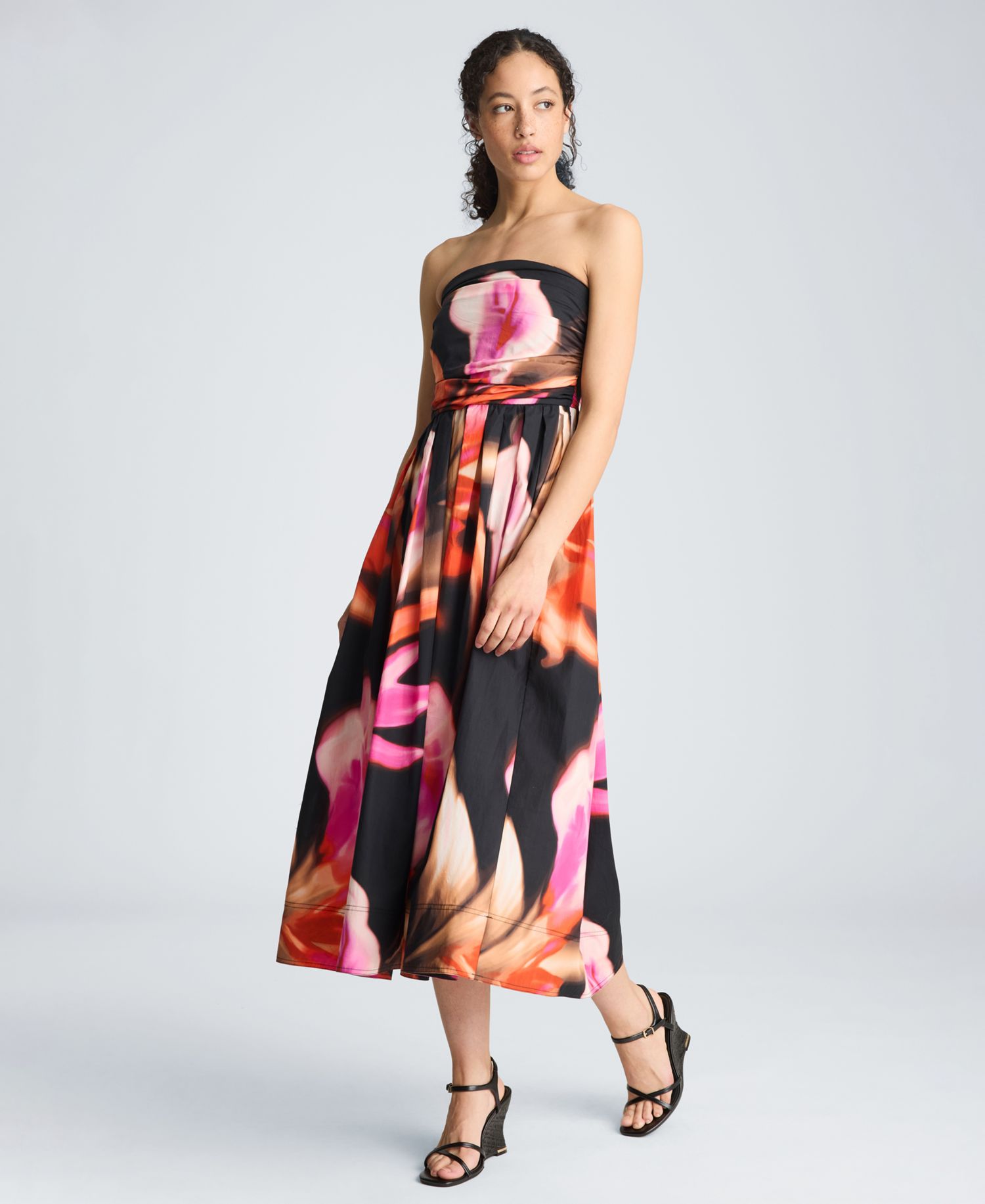 Women's Floral Print Strapless Midi Dress
