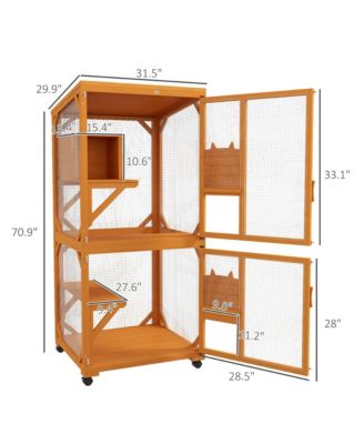 Zeus &  Ruta Large Cat Haven with Elevated Sleeping Platform, 71" Wooden Frame with Asphalt Roof, Indoor/Outdoor Enclosure with Wheels