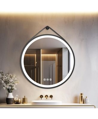 32" Circle Hanging Vanity Mirror for Wall with Leather Strap 3 Colors Dimmable for Bedroom Entryway