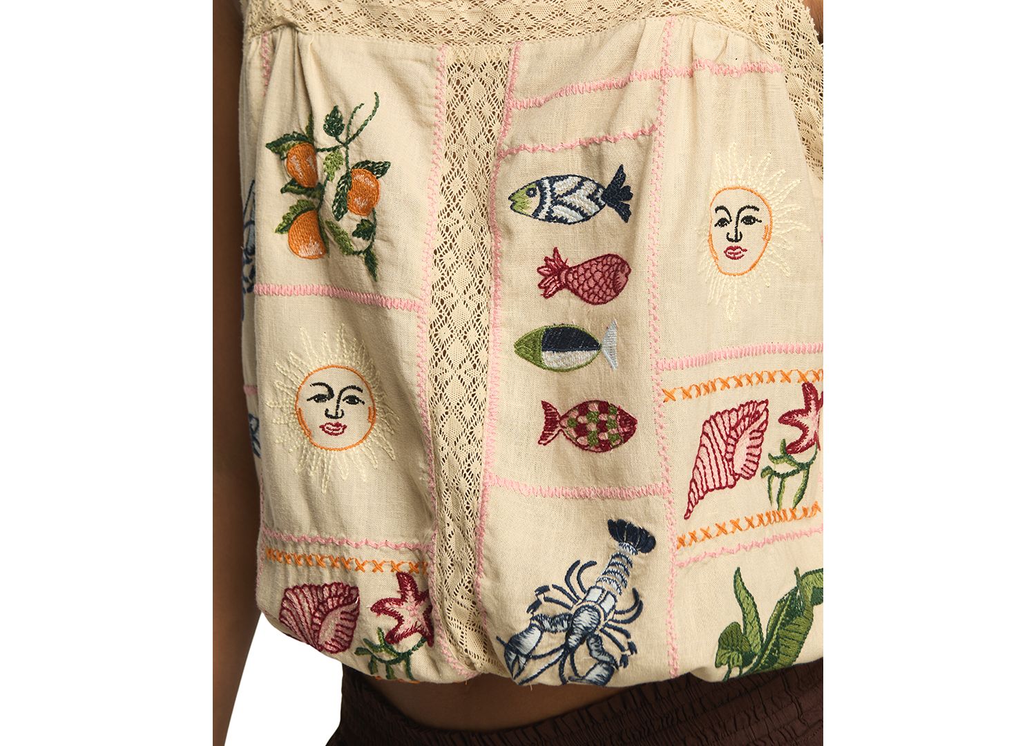 Women's Ocean Embroidered Square Neck Bubble Top
