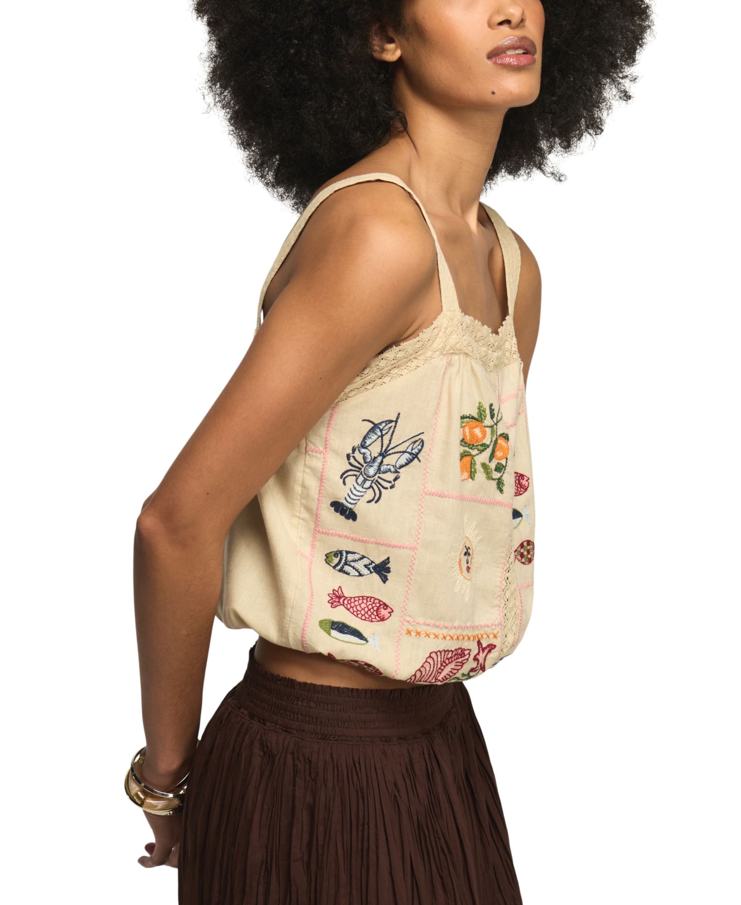 Women's Ocean Embroidered Square Neck Bubble Top