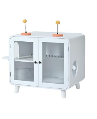 Cat Pet House with RGB LED Light, Glass Doors, Stairs, Hidden Litter Box Cabinet