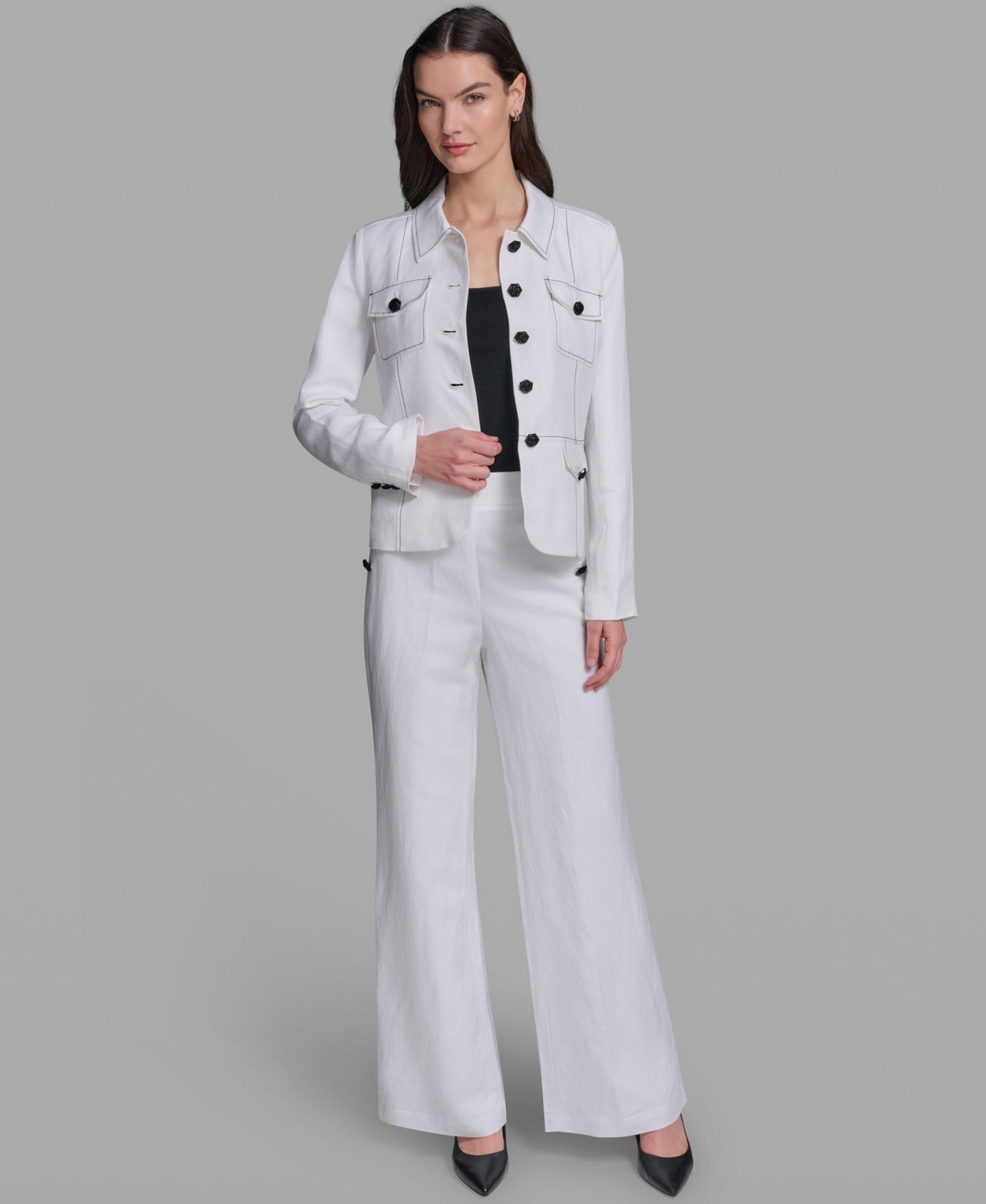 Женская куртка KARL LAGERFELD PARIS Linen-Blend Pocket Detail Collared, цвет: Мягкий белый — фото 2