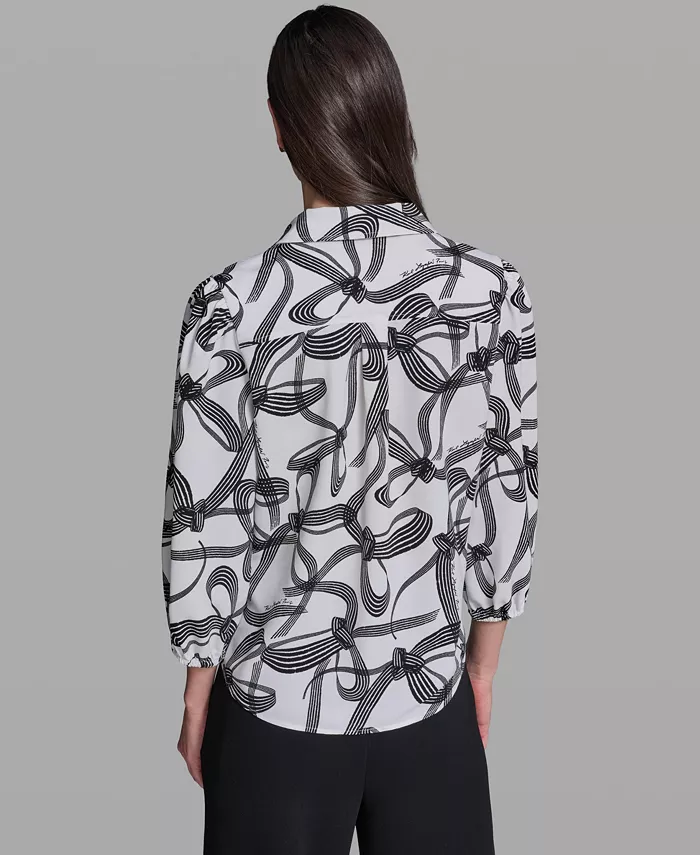 Women's Bow Print Woven Collared Top - thumbnail 5
