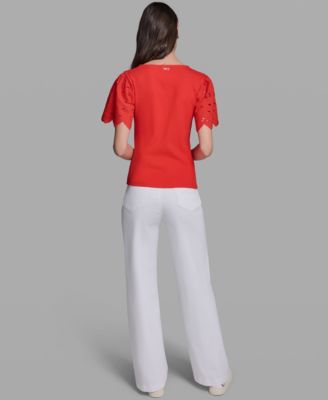 Women's Eyelet Mix Media V-Neck Top