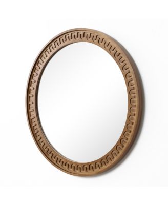 25.8'' Round Wall Mirror, Carved Rubberwood Frame, Living Room Wall Accent