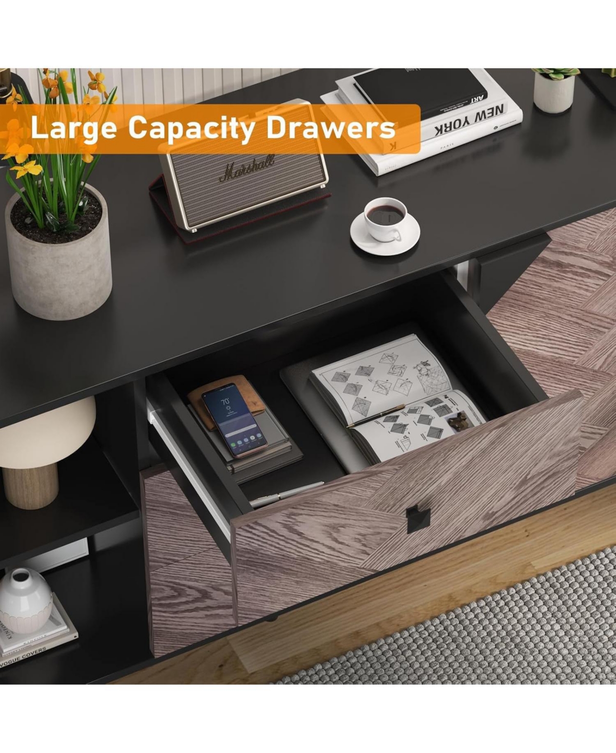 gaomon Mid-Century Modern Sideboard, Chevron Pattern Storage Cabinet with Rust-Resistant Metal Frame