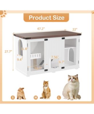  47.25" LED Light Litter Box Enclosure with Hidden Cat Furniture Cabinet, Stairway Scratching Post and Smart Doors