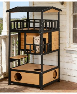 Outdoor Multi-Cat Haven with Solid Wood, Asphalt Roof, Escape Doors, Condo Platform, Elevated Design