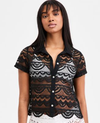 Women's Crochet Swim Cover-Up Camp Shirt