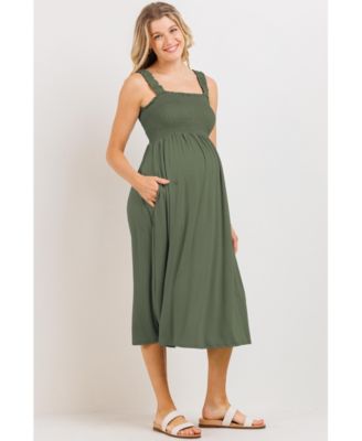 Maternity Smocked Bodice Sleeveless Dress with Ruffle Straps