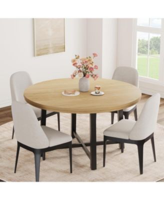 Industrial Farmhouse Round Dining Table for 4-6 - 47 Inch Natural Wood Color - Sturdy Metal Frame - Space-Saving Design - Perfect for Family
